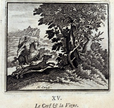 Het hert en de wijnstok. Fabels door Jean de La Fontaine (1621-95). Illustratie door François Chauveau (1613-1676). Editie van 1728. door Francois Chauveau