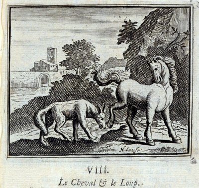 Het paard en de wolf. Fabels door Jean de La Fontaine (1621-95). Illustratie door François Chauveau (1613-1676). Editie van 1728. door Francois Chauveau