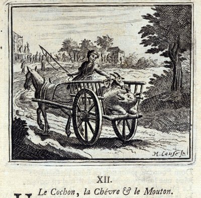 Het varken, de geit en het schaap. Fabels van Jean de La Fontaine. Illustratie door François Chauveau. Editie van 1728. door Francois Chauveau