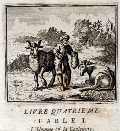 Man en slang. Fabels van Jean de La Fontaine (1621-95). Illustratie door François Chauveau (1613-1676). Editie van 1728. door Francois Chauveau