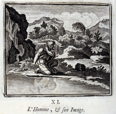 De Man en zijn beeld. Fabels van Jean de La Fontaine. Illustratie door François Chauveau. Editie van 1728. door Francois Chauveau
