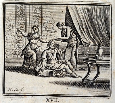 Man tussen twee leeftijden en zijn twee Meesteressen. Fabels van Jean de La Fontaine. Illustratie door François Chauveau. Editie van 1728. door Francois Chauveau