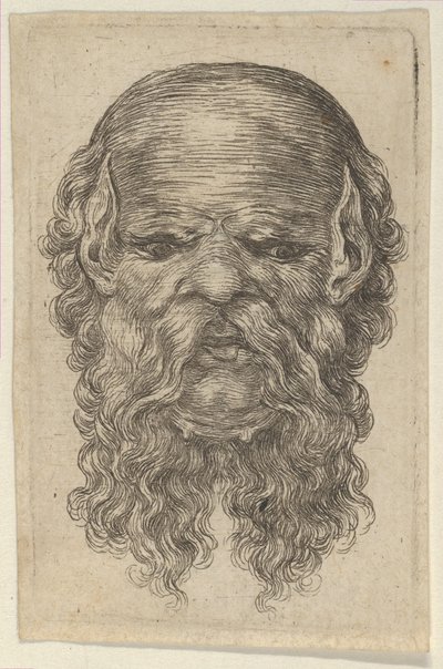 Masker van een Kale Man met Puntige Oren en een Lange, Gespleten Baard, uit Divers Masques door Francois Chauveau