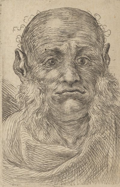 Masker van een kale man met pluizige bakkebaarden, uit Divers Masques door Francois Chauveau