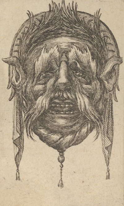 Masker met lange wenkbrauwen en snor en een hoofdtooi met bungelende doek, ca. 1635-45 door Francois Chauveau
