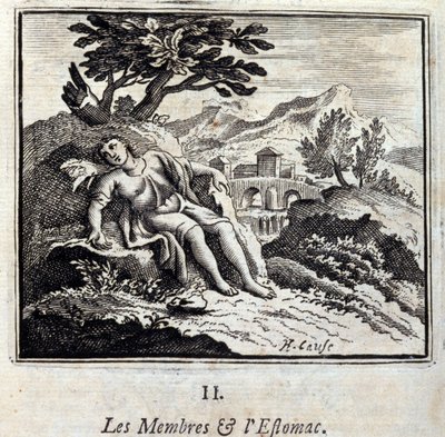 Leden en maag. Fabels door Jean de La Fontaine (1621-95). Illustratie door François Chauveau (1613-1676). Editie van 1728. door Francois Chauveau