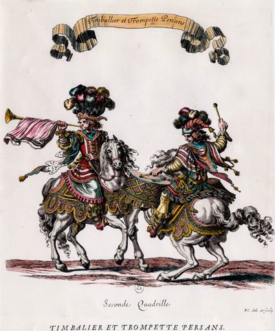 Perzische trommelaar en trompettist tijdens de carrousel gegeven door koning Lodewijk XIV (1639-1715). Gravure door Francois Chauveau (1613-1676) circa 1662. Privécollectie door Francois Chauveau