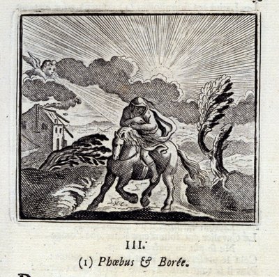 Phebus en Boree. Fabels door Jean de La Fontaine (1621-95). Illustratie door François Chauveau (1613-1676). Editie van 1728. door Francois Chauveau