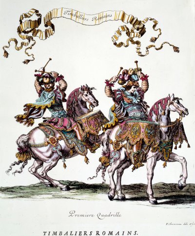 Romeinse trommelaars tijdens het carrousel gegeven door koning Lodewijk XIV (1638-1715) in 1662 Gravure door Francois Chauveau (1613-1676) 17e eeuw Privécollectie door Francois Chauveau