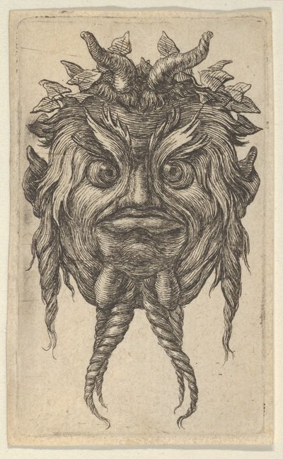 Satyrmasker met hoorns en een gedraaide baard met een klimopkrans, uit Divers Masque..., ca. 1635-45 door Francois Chauveau