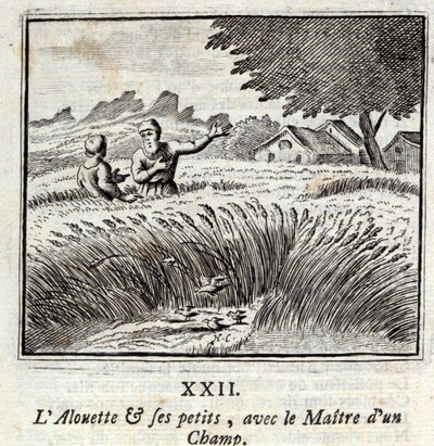 De leeuwerik en zijn jongen met de meester van een veld. Fabels door Jean de La Fontaine (1621-95). Illustratie door François Chauveau (1613-1676). Editie van 1728. door Francois Chauveau