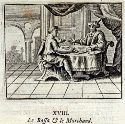 De Bassa en de koopman. Fabels door Jean de La Fontaine (1621-95). Illustratie door François Chauveau (1613-1676). Editie van 1728. door Francois Chauveau