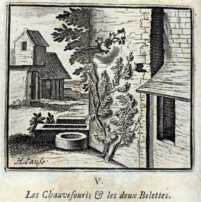 De Vleermuis en de twee Wezels. Fabels van Jean de La Fontaine. Illustratie door François Chauveau. Editie van 1728. door Francois Chauveau