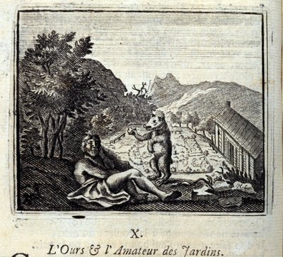 De beer en de tuinliefhebber. Fabels door Jean de La Fontaine (1621-95). Illustratie door François Chauveau (1613-1676). Editie van 1728. door Francois Chauveau