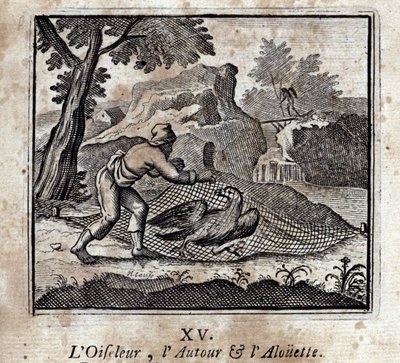 De vogel, de rond en de leeuwerik. Fabels door Jean de La Fontaine (1621-95). Illustratie door François Chauveau (1613-1676). Editie van 1728. door Francois Chauveau