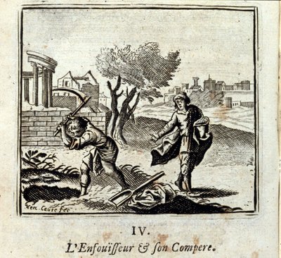 De brander en zijn kompaan. Fabels van Jean de La Fontaine (1621-95). Illustratie door François Chauveau (1613-1676). Editie van 1728. door Francois Chauveau