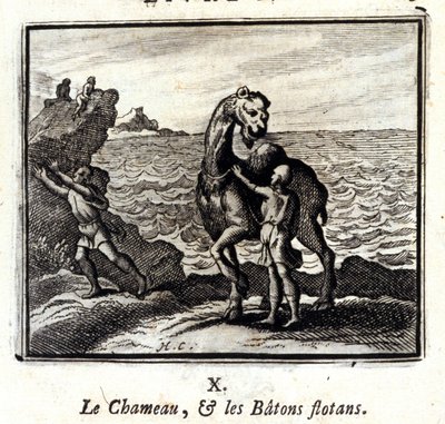 De kameel en de drijvende stokken. Fabels van Jean de La Fontaine. Illustratie door François Chauveau. Editie van 1728. door Francois Chauveau