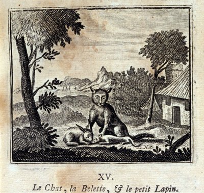 De kat, de wezel en het konijntje. Fabels van Jean de La Fontaine. Illustratie door François Chauveau. Editie van 1728. door Francois Chauveau