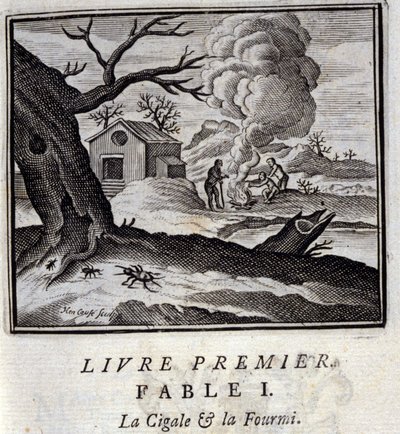 De krekel en de mier. Fabels van Jean de La Fontaine. Illustratie door François Chauveau. Editie van 1728. door Francois Chauveau