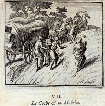 De koets en de vlieg. Fabels door Jean de La Fontaine. Illustratie door François Chauveau. Editie van 1728 door Francois Chauveau