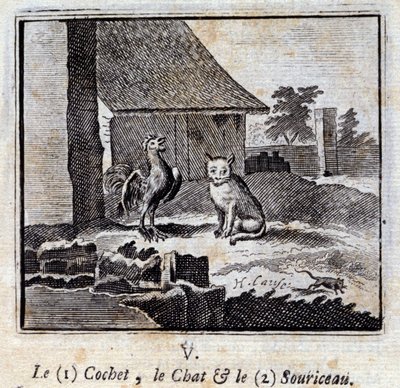 De Cochet de Kat en de Muis. Fabels door Jean de La Fontaine (1621-95). Illustratie door François Chauveau (1613-1676). Editie van 1728. door Francois Chauveau