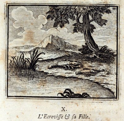 De kreeft en zijn dochter. Fabels van Jean de La Fontaine. Illustratie door François Chauveau. Editie van 1728. door Francois Chauveau