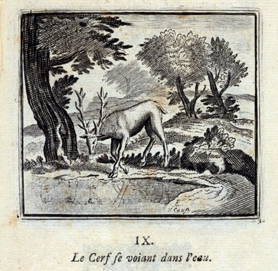 Het hert dat zichzelf in het water ziet. Fabels door Jean de La Fontaine (1621-95). Illustratie door François Chauveau (1613-1676). Editie van 1728. door Francois Chauveau
