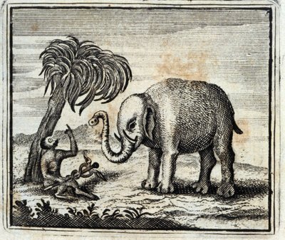 De olifant en de aap van Jupiter. Fabels door Jean de La Fontaine. Illustratie door François Chauveau. Editie van 1728 door Francois Chauveau