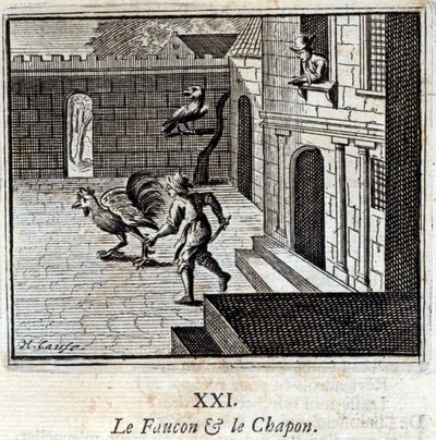 De valk en de kapoen. Fabels door Jean de La Fontaine (1621-95). Illustratie door François Chauveau (1613-1676). Editie van 1728. door Francois Chauveau