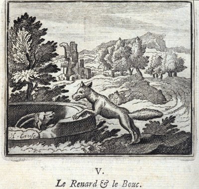 De Vos en de Bouc. Fabels van Jean de La Fontaine. Illustratie door François Chauveau. Editie van 1728. door Francois Chauveau