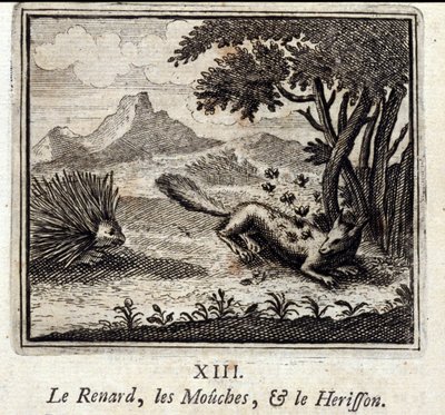 De Vos, de Vliegen en de Egel. Fabels van Jean de La Fontaine. Illustratie door François Chauveau. Editie van 1728. door Francois Chauveau