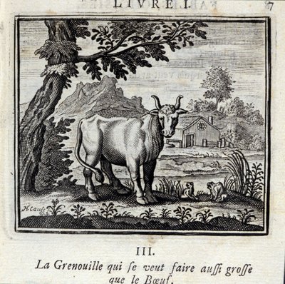 De kikker die zo groot wilde worden als de os. Fabels door Jean de La Fontaine (1621-95). Illustratie door François Chauveau (1613-1676). Editie van 1728. door Francois Chauveau