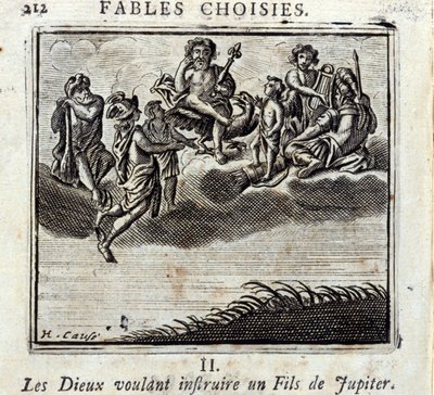 De goden die een zoon van Jupiter willen onderwijzen. Fabels door Jean de La Fontaine (1621-95). Illustratie door François Chauveau (1613-1676). Editie van 1728. door Francois Chauveau