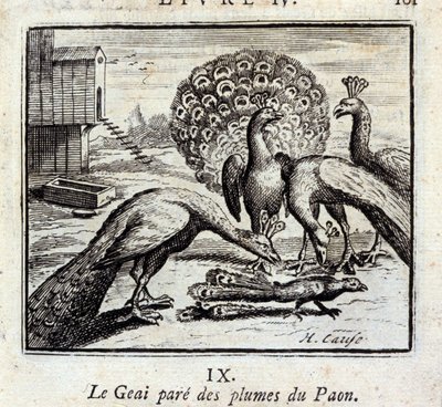 De gaai met pauwenveren. Fabels van Jean de La Fontaine. Illustratie door François Chauveau. Editie van 1728. door Francois Chauveau