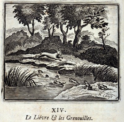 De haas en de kikkers. Fabels van Jean de La Fontaine (1621-95). Illustratie door François Chauveau (1613-1676). Editie van 1728. door Francois Chauveau