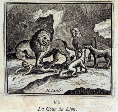 Het hof van de leeuw. Fabels door Jean de La Fontaine (1621-95). Illustratie door François Chauveau (1613-1676). Editie van 1728. door Francois Chauveau