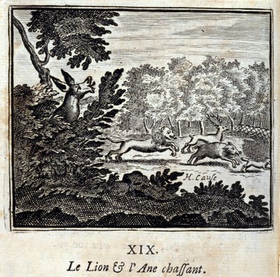 De leeuw en de ezel op jacht. Fabels van Jean de La Fontaine (1621-95). Illustratie door François Chauveau (1613-1676). Editie van 1728. door Francois Chauveau