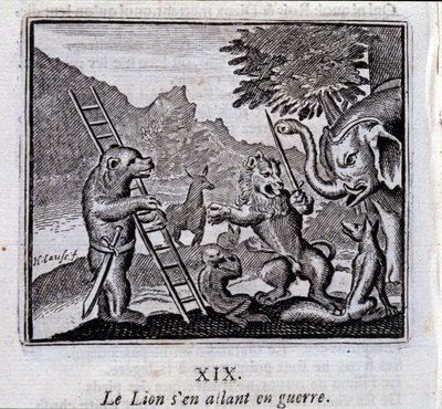 De leeuw gaat ten oorlog. Fabels van Jean de La Fontaine (1621-95). Illustratie door François Chauveau (1613-1676). Editie van 1728. door Francois Chauveau