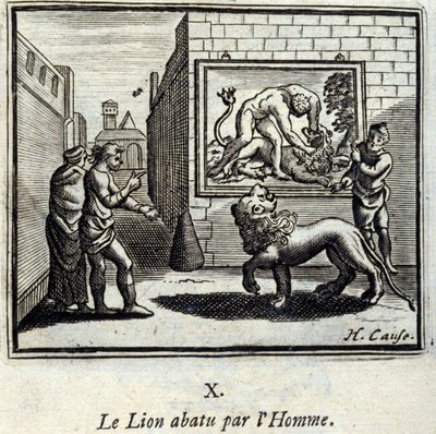 De leeuw neergeschoten door de mens. Fabels van Jean de La Fontaine (1621-95). Illustratie door François Chauveau (1613-1676). Editie van 1728. door Francois Chauveau