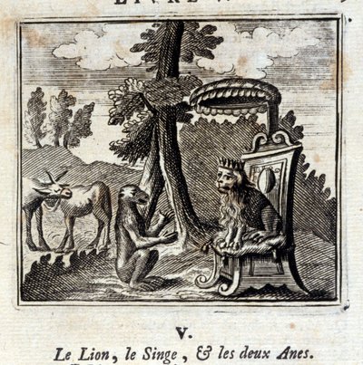 De leeuw, de aap en de twee ezels. Fabels van Jean de La Fontaine (1621-95). Illustratie door François Chauveau (1613-1676). Editie van 1728. door Francois Chauveau