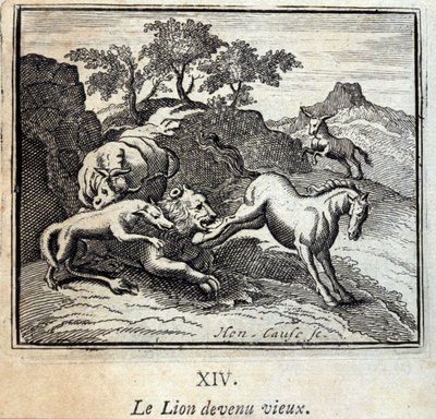De Leeuw werd oud. Fabels van Jean de La Fontaine. Illustratie door François Chauveau. Editie van 1728. door Francois Chauveau