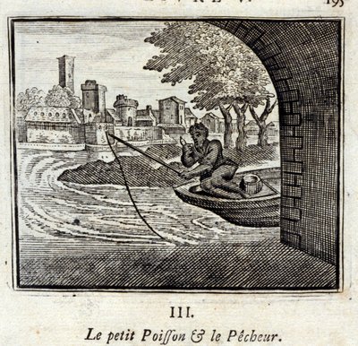 De kleine vis en de visser. Fabels door Jean de La Fontaine (1621-95). Illustratie door François Chauveau (1613-1676). Editie van 1728. door Francois Chauveau