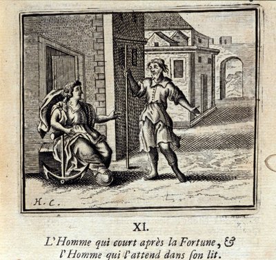 De man die achter het fortuin aanrent en de man die op hem wacht in bed. Fabels door Jean de La Fontaine (1621-95). Illustratie door François Chauveau (1613-1676). Editie van 1728. door Francois Chauveau
