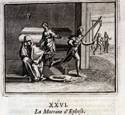 De matrone van Efeze. Fabels door Jean de La Fontaine (1621-95). Illustratie door François Chauveau (1613-1676). Editie van 1728. door Francois Chauveau