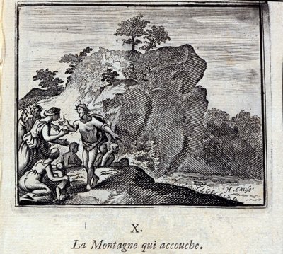 De Berg die baart. Fabels van Jean de La Fontaine. Illustratie door François Chauveau. Editie van 1728. door Francois Chauveau