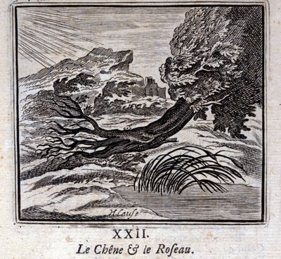 De Eik en het Riet. Fabels van Jean de La Fontaine. Illustratie door François Chauveau. Editie van 1728. door Francois Chauveau