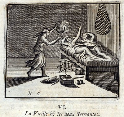 De oude dame en de twee bedienden. Fabels van Jean de La Fontaine. Illustratie door François Chauveau. Editie van 1728. door Francois Chauveau