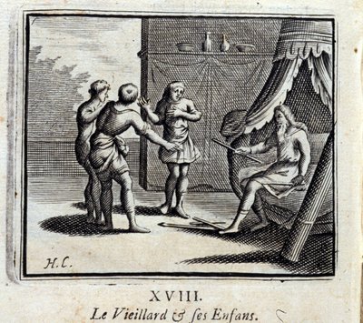 De Oude Man en Zijn Kinderen. Fabels van Jean de La Fontaine. Illustratie door François Chauveau. Editie van 1728. door Francois Chauveau