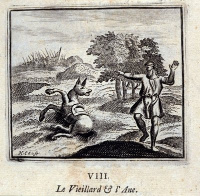 De oude man en de ezel. Fabels door Jean de La Fontaine (1621-95). Illustratie door François Chauveau (1613-1676). Editie van 1728. door Francois Chauveau