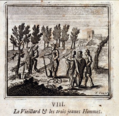 De oude man en de drie jonge mannen. Fabels door Jean de La Fontaine (1621-95). Illustratie door François Chauveau (1613-1676). Editie van 1728. door Francois Chauveau